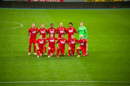 KYIV, UKRAINE - SEPTEMBER 15, 2020: Team photo of players of AZ Alkmaar during the match UEFAのeditorial素材