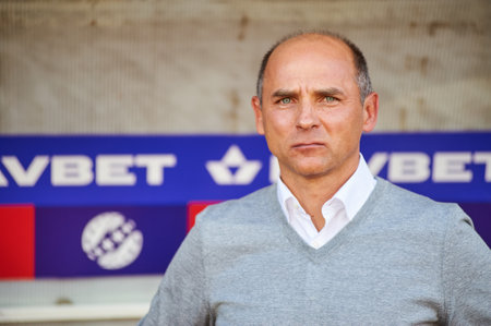 ZAPORIZHZHYA, UKRAINE - SEPTEMBER 20, 2020: Viktor Skrypnyk, head coach of FC Zorya Luhansk during the football match Ukrainian Premiere League vs FC Shakhtar Donetskのeditorial素材