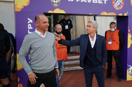 ZAPORIZHZHYA, UKRAINE - SEPTEMBER 20, 2020: LuÃ­s Manuel Ribeiro de Castro, head coach of FC Shakhtar Donetsk and Viktor Skrypnyk, head of FC Zorya Luhansk during the football match Ukrainian Premiere Leagueのeditorial素材