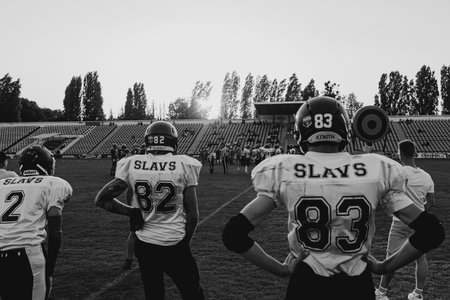 KHARKIV, UKRAINE - SEPTEMBER 26, 2020: American football players in action during match of Ukrainian Super League Atlantes Kharkiv vs. Slavs Kyivのeditorial素材