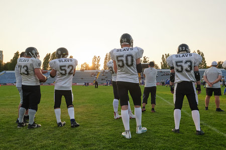 KHARKIV, UKRAINE - SEPTEMBER 26, 2020: American football players in action during match of Ukrainian...
