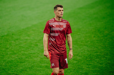 Lviv, Ukraine - September 03, 2020: Granit Xhaka during the football match of UEFA League Nations...
