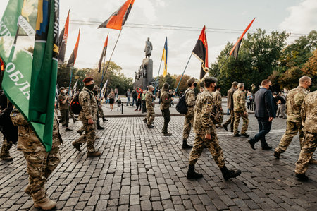 KHARKIV, UKRAINE - OCTOBER 14, 2020: Members of nationalist organizations, Ukrainian veterans of...