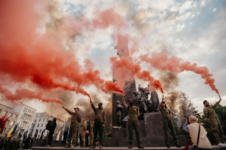 KHARKIV, UKRAINE - OCTOBER 14, 2020: Members of nationalist organizations, Ukrainian veterans of Russian-Ukrainian war, volunteers and relatives of soldiers, who were injured on war on Eastern Ukraine during march in Kharkivのeditorial素材