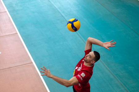 KHARKIV, UKRAINE - OCTOBER 17, 2020: The volleyball match of Superleague VC Lokomotiv - VC Service Podillyaのeditorial素材