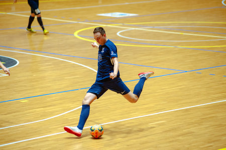KHARKIV, UKRAINE - OCTOBER 17, 2020: The futsal match of Extra league FC Monolit Viva-Cup - FC Kardinal Rivneのeditorial素材