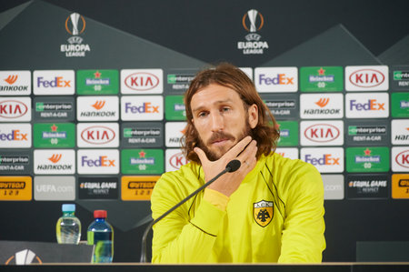 KYIV, UKRAINE - NOVEMBER 3, 2020: Dmytro Chygrynskiy. Press conference. UEFA Europa League match between FC ZORYA LUHANSK and FC AEK ATHENS at the Slavutych arena.のeditorial素材
