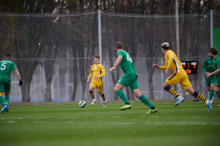 KHARKIV, UKRAINE - NOVEMBER 10, 2020: Football match of PFL Metallist-1925 - Prikarpattya