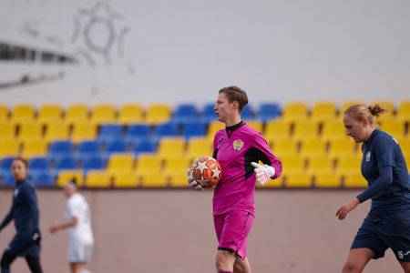 KHARKIV, UKRAINE - NOVEMBER 11, 2020: Woman football match Zhitlobud-2 vs. Voshod. There is lockdown sport. Public events are allowed. Europe match of football during CV pandemic.のeditorial素材