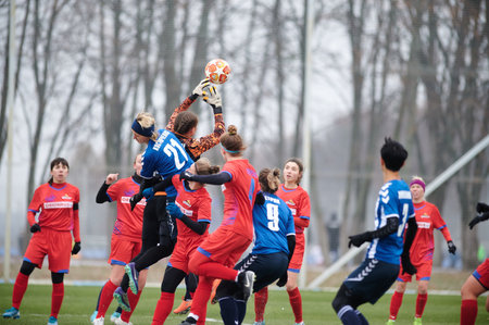 KHARKIV, UKRAINE - NOVEMBER 20, 2020: The football match of Ukrainian Football match of Ukraine league Zhitlobud-1 - Nika at Sport camp of Metallist without fans.のeditorial素材