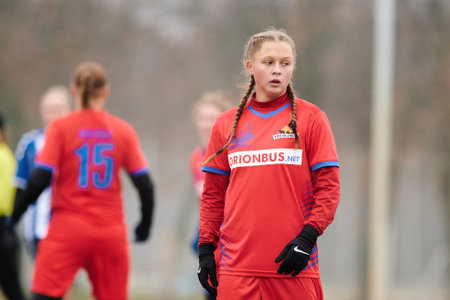 KHARKIV, UKRAINE - NOVEMBER 20, 2020: The football match of Ukrainian Football match of Ukraine league Zhitlobud-1 - Nika at Sport camp of Metallist without fans.のeditorial素材