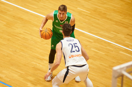 KHARKIV, UKRAINE - OCTOBER 9, 2020: The match of Ukrainian Basketball Superleague. Kharkivski Sokoly - BK Zaporizhzhiaのeditorial素材