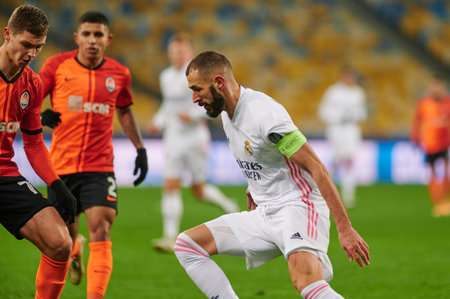 KYIV, UKRAINE - DECEMBER 1, 2020: Karim Benzema. The football match of Group B of UEFA Champions League FC Shakhtar Donetsk vs Real Madrid FCのeditorial素材