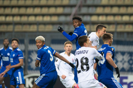 ZAPORIZHZHIA, UKRAINE - DECEMBER 03, 2020: The football match of Group G of UEFA Europa League FC...