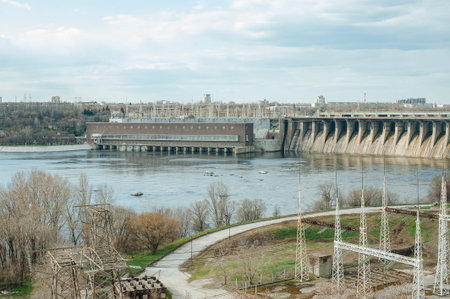 Zaporizhia, Ukraine - April 03, 2019: Zaporozhye hydro power plant on the river Dnepr. Ukraineのeditorial素材