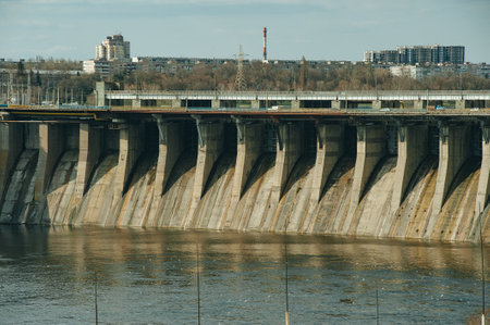 Zaporizhia, Ukraine - April 03, 2019: Zaporozhye hydro power plant on the river Dnepr. Ukraineのeditorial素材