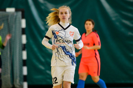 KHARKIV, UKRAINE - DECEMBER 7, 2020: The futsal match of Ukrainian women league Tesla vs Academy Butovskogoのeditorial素材