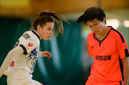 KHARKIV, UKRAINE - DECEMBER 7, 2020: The futsal match of Ukrainian women league Tesla vs Academy Butovskogoのeditorial素材