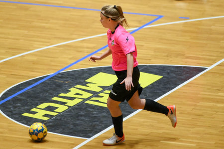 KHARKIV, UKRAINE - DECEMBER 7, 2020: The futsal match of Ukrainian women league Mezzo vs Leaderのeditorial素材