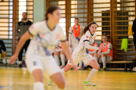 KHARKIV, UKRAINE - DECEMBER 7, 2020: The futsal match of Ukrainian women league Tesla vs Academy Butovskogoのeditorial素材