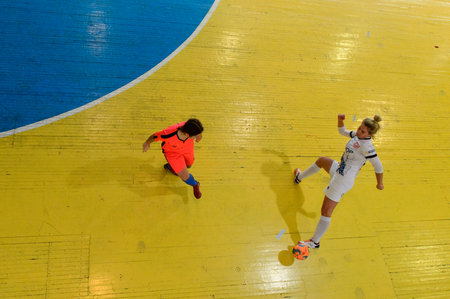 KHARKIV, UKRAINE - DECEMBER 7, 2020: The futsal match of Ukrainian women league Tesla vs Academy Butovskogoのeditorial素材
