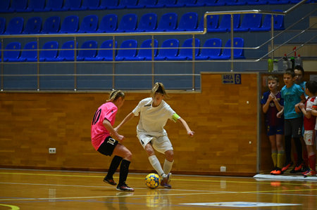KHARKIV, UKRAINE - DECEMBER 7, 2020: The futsal match of Ukrainian women league Mezzo vs Leaderのeditorial素材