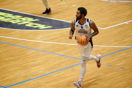 KHARKIV, UKRAINE - DECEMBER 11, 2020: The basketball match of Ukrainian Super league BC Sokoly vs BC Budivelnykのeditorial素材