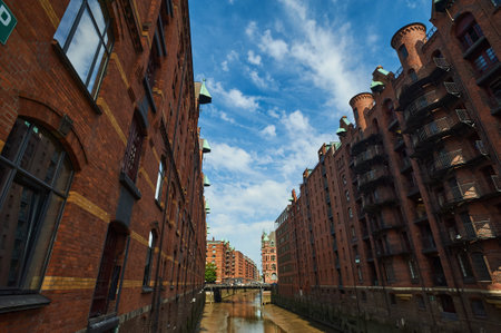 HAMBURG, GERMANY - JULY 25, 2019: Hamburg street Gorgeous view of the Hamburg Warehouse District and Hafencity districtのeditorial素材