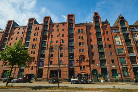 HAMBURG, GERMANY - JULY 25, 2019: Speicherstadt of Hamburg. Red bricks buildings