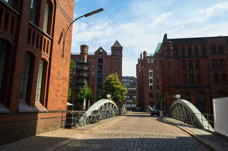 HAMBURG, GERMANY - JULY 25, 2019: Speicherstadt of Hamburg. Red bricks buildingsのeditorial素材