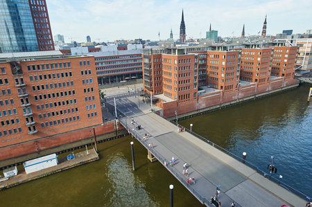 HAMBURG, GERMANY - JULY 25, 2019: Hamburg street Gorgeous view of the Hamburg Warehouse District and...