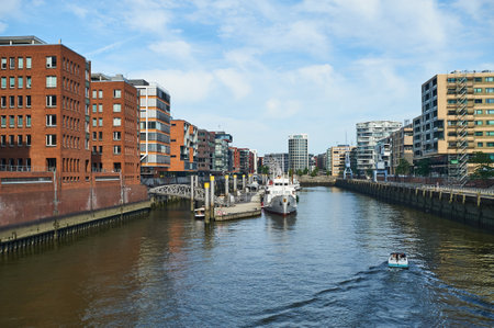 HAMBURG, GERMANY - JULY 25, 2019: Hamburg street Gorgeous view of the Hamburg Warehouse District and Hafencity districtのeditorial素材