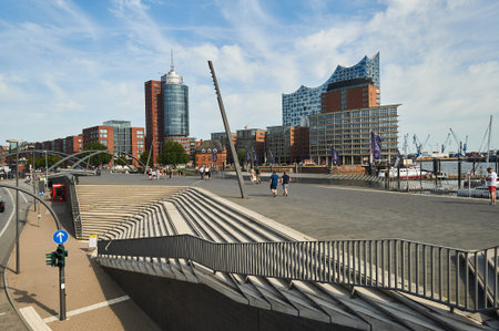 HAMBURG, GERMANY - JULY 25, 2019: Hamburg street Gorgeous view of the Hamburg Warehouse District and...