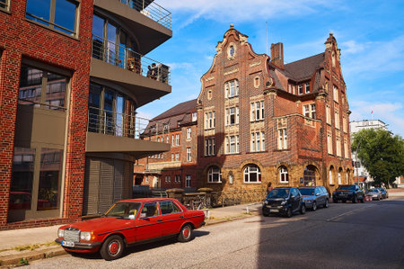 HAMBURG, GERMANY - JULY 25, 2019: Hamburg street Gorgeous view of the Hamburg Warehouse District and Hafencity districtのeditorial素材