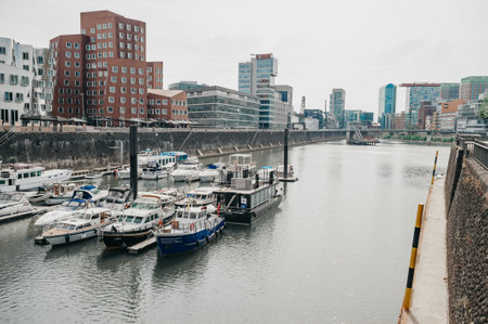 GERMANY, DUESSELDORF - AUGUST 13, 2020: Medienhafen. Dusseldorf cityscape with view on media harborのeditorial素材