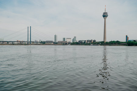 DUSSELDORF, GERMANY - 13 AUGUST 2020: The RheinkniebrÃ¼cke is a cable-stayed bridge over the Rhine in DÃ¼sseldorf, opened to traffic on 16 October 1969.のeditorial素材