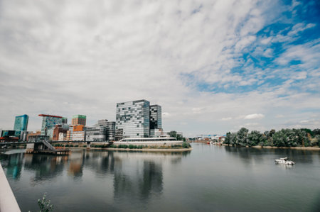 GERMANY, DUESSELDORF - AUGUST 14, 2020: Hotel Hayat in Medienhafen. Dusseldorf cityscape with view on media harborのeditorial素材