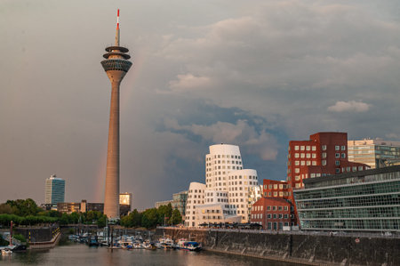 GERMANY, DUESSELDORF - AUGUST 14, 2020: Medienhafen. Dusseldorf cityscape with view on media harborのeditorial素材