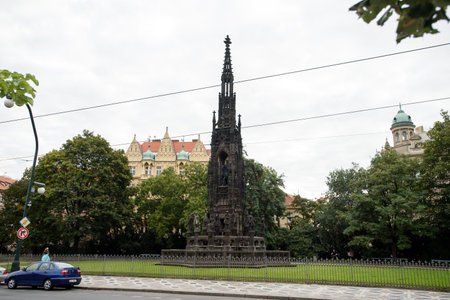Prague, Czech Republic - September 15, 2015: Kranner fountain and tower in Prague. Neo-gothic style.のeditorial素材