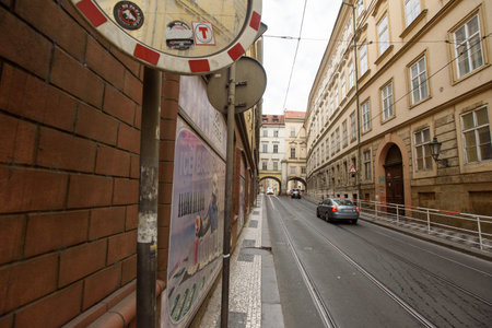 Prague, Czech Republic - September 15, 2015: Street and old buildins, urban ifrastructure old center of town Prague - capital of Czech Republic.のeditorial素材