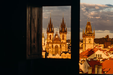 Prague, Czech Republic - September 28, 2015: Church of our lady Tyn, and Powder Tower in Prague. Capital of Czech Republicのeditorial素材
