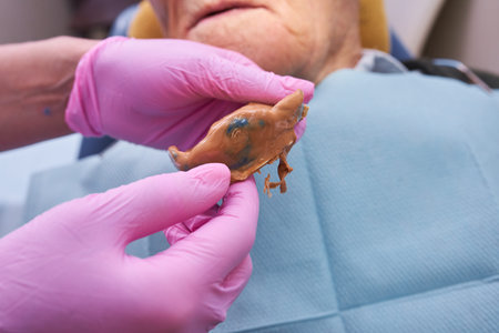 Dental surgery. Dental technician making dentures. Dental prosthesis in medical hands before prosthetics work.の写真素材