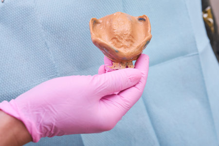 Dental surgery. Dental technician making dentures. Dental prosthesis in medical hands before...
