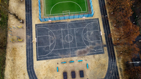 Top View, Bird eye view of school college with basketball, soccer courts. Street sportのeditorial素材