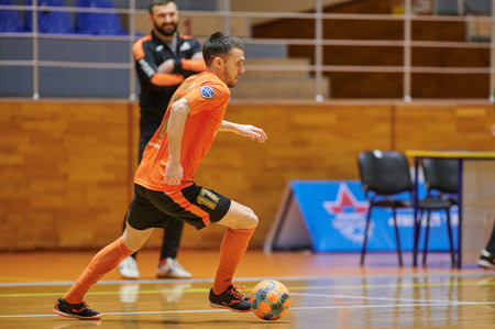 KHARKIV, UKRAINE - JANUARY 24, 2021: The futsal match of Ukrainian ExtraLeague Viva Cup Monolit vs Donbass Energo Tradingのeditorial素材
