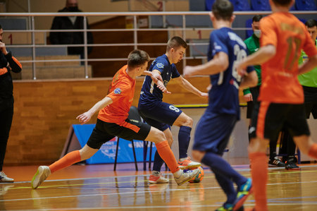 KHARKIV, UKRAINE - JANUARY 24, 2021: The futsal match of Ukrainian ExtraLeague Viva Cup Monolit vs Donbass Energo Tradingのeditorial素材