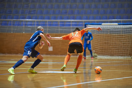 KHARKIV, UKRAINE - JANUARY 24, 2021: The futsal match of Ukrainian ExtraLeague Viva Cup Monolit vs Donbass Energo Tradingのeditorial素材