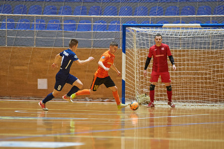 KHARKIV, UKRAINE - JANUARY 24, 2021: The futsal match of Ukrainian ExtraLeague Viva Cup Monolit vs Donbass Energo Tradingのeditorial素材