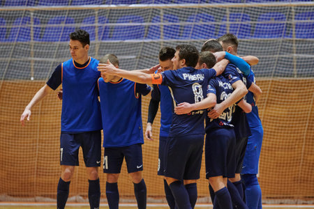 KHARKIV, UKRAINE - JANUARY 24, 2021: The futsal match of Ukrainian ExtraLeague Viva Cup Monolit vs Donbass Energo Tradingのeditorial素材