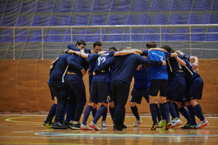 KHARKIV, UKRAINE - JANUARY 24, 2021: The futsal match of Ukrainian ExtraLeague Viva Cup Monolit vs Donbass Energo Tradingのeditorial素材